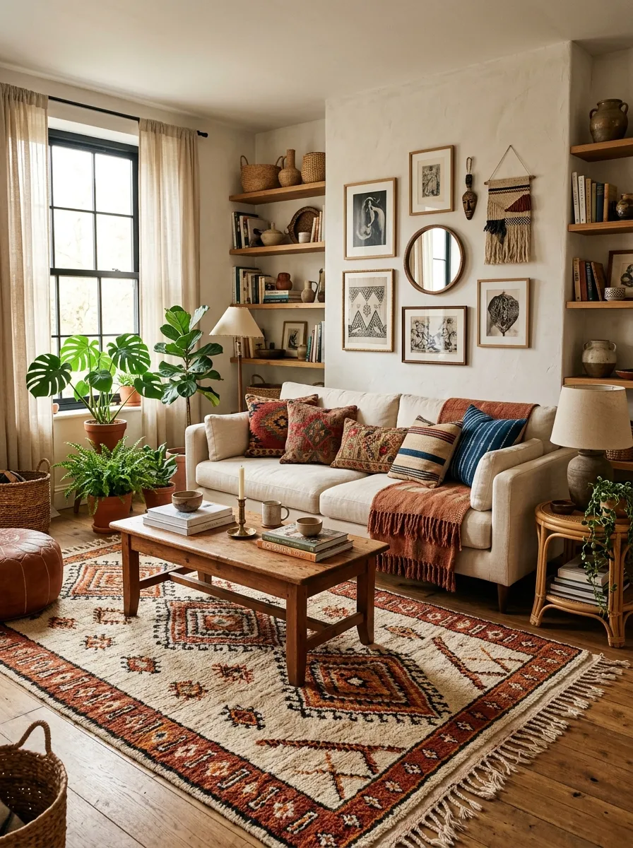Bohemian living room centered on a hand knotted Moroccan rug in warm ivory and rust geometric patterns with cream sofa and earthy styling