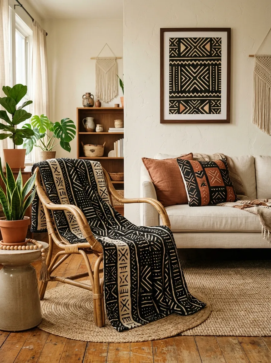 23 Afro Boho Living Room Ideas That Feel Warm, Authentic, Stylish, and Truly Lived In 13 Mudcloth blanket on rattan chair and mudcloth cushion on sofa in a cultural and warm Afro Boho decor room