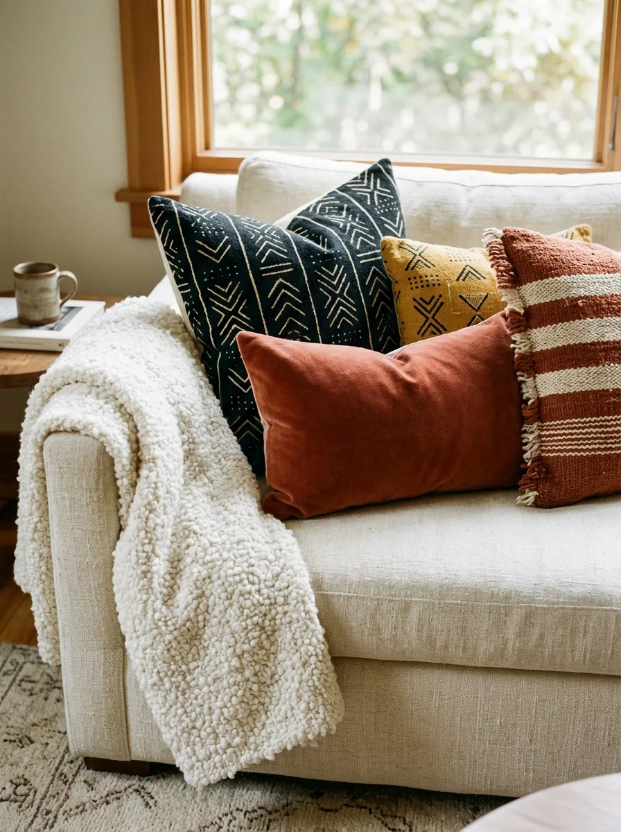 23 Afro Boho Living Room Ideas That Feel Warm, Authentic, Stylish, and Truly Lived In 10 Mudcloth cushion, terracotta lumbar pillow, and ochre geometric cushions layered on a sofa in Afro Boho decor