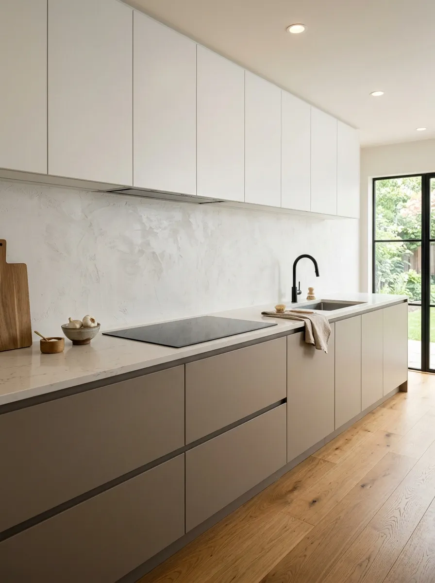 Mushroom taupe lower cabinets and matte white upper cabinets with integrated hardware in a calm Japandi influenced two tone kitchen cabinet design