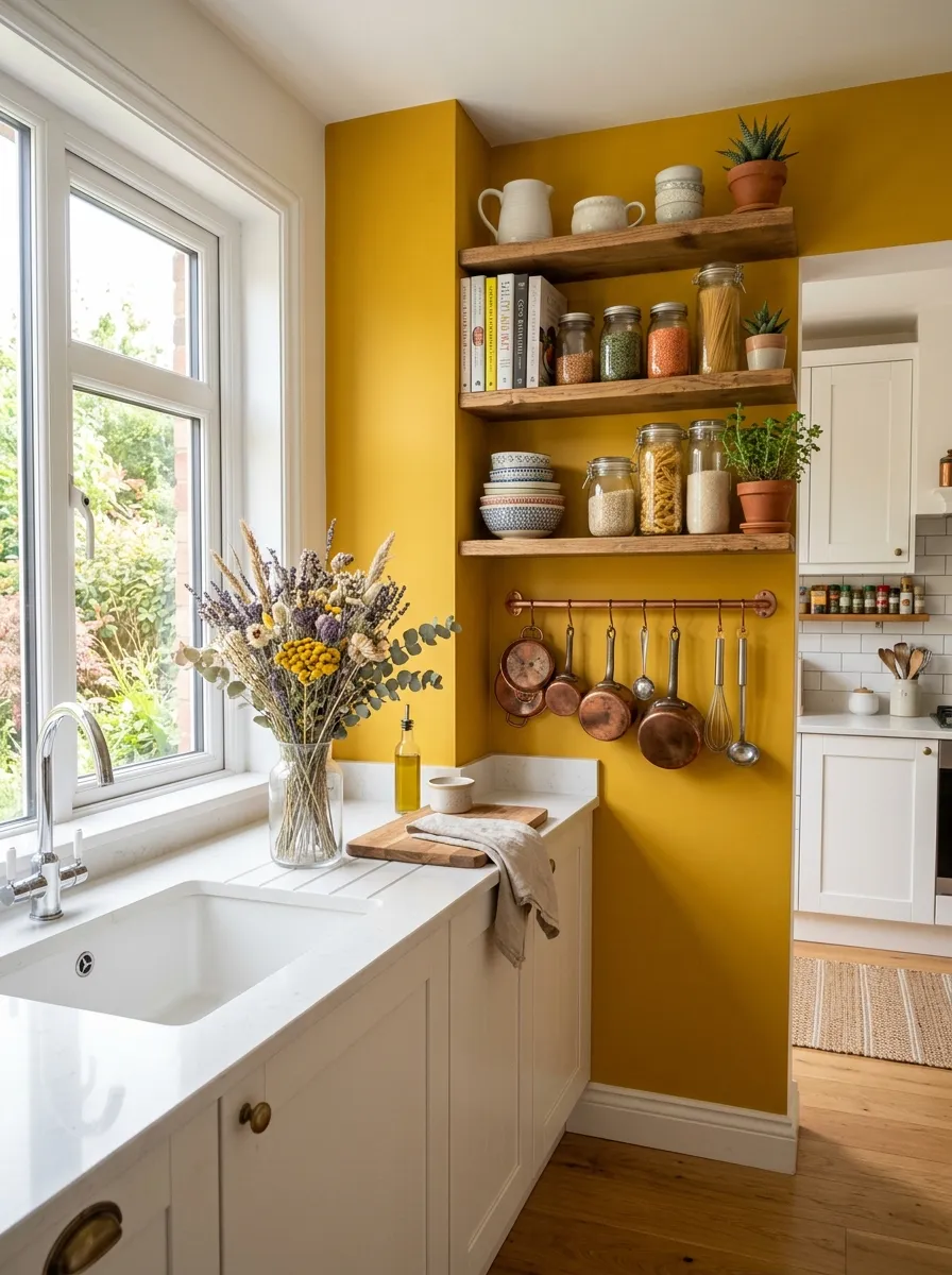 Mustard Yellow Accent Wall in White Kitchen