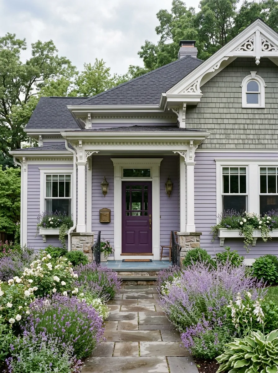Traditional home in muted lavender with white trim and eggplant door, a romantic and distinctive choice in home exterior paint colors for 2026