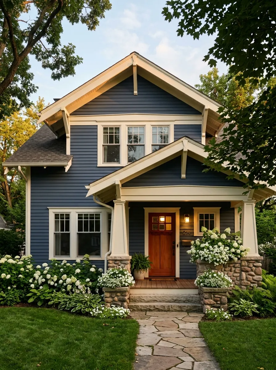 Muted navy blue craftsman bungalow with white trim and cedar door, one of the most dignified home exterior paint colors in 2026