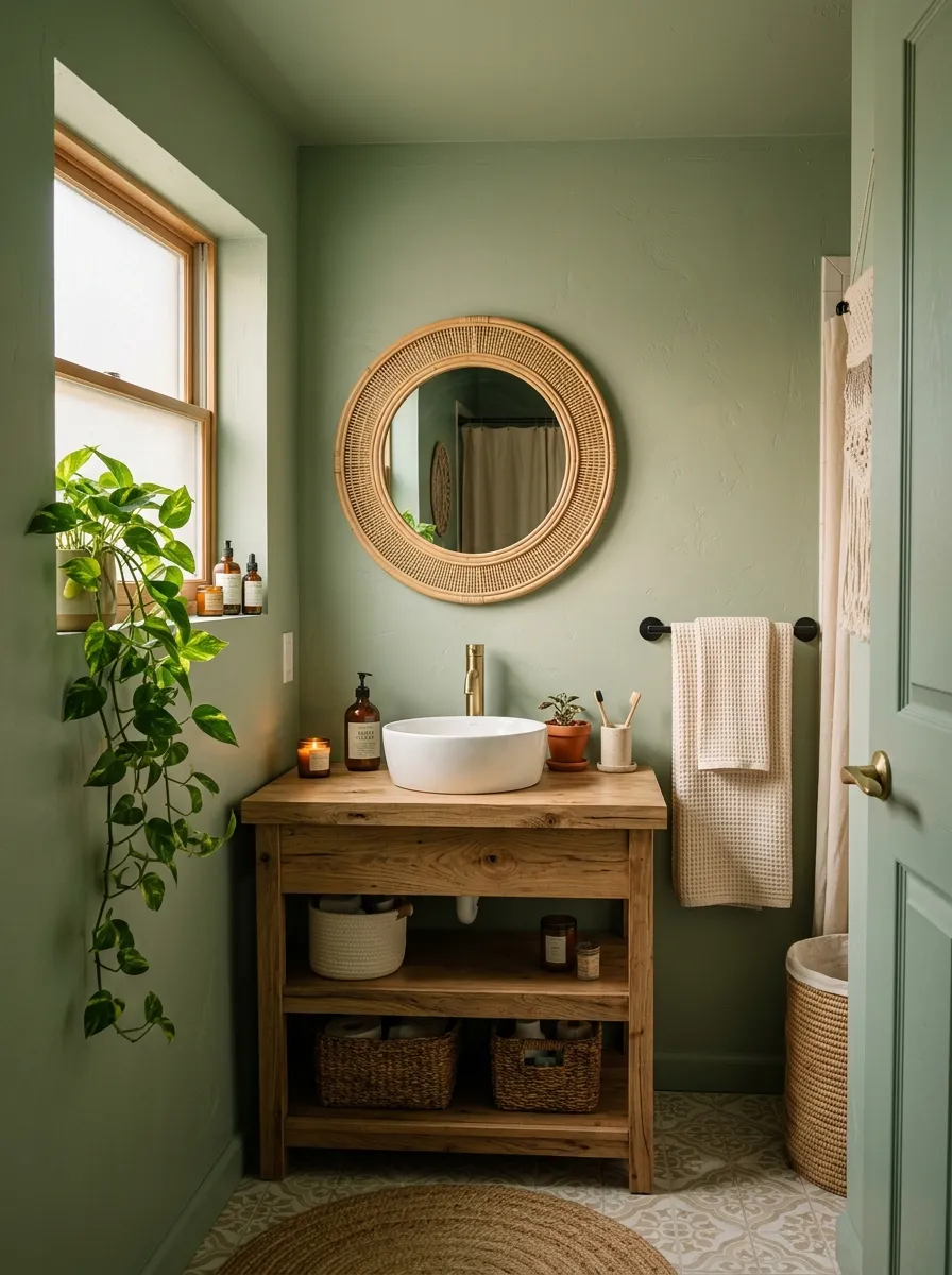 19 Boho Bathroom Ideas That Combine Soft Textures, Natural Details, and Soulful Eclectic Style 17 A small Boho bathroom painted entirely in muted sage green with a natural wood vanity, rattan mirror, cream towels, and trailing pothos on a window ledge.