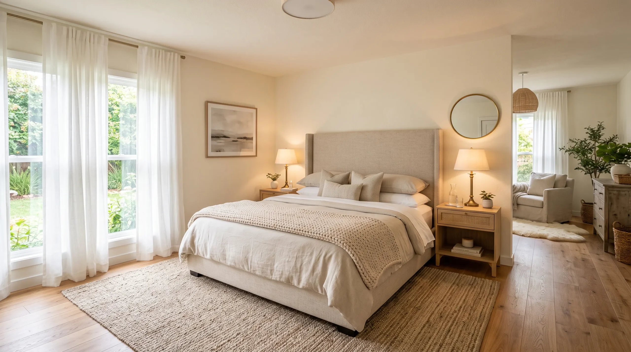 Soft cream master bedroom with linen headboard and brass lamps showcasing Nancy Meyers Inspired Bedroom Ideas