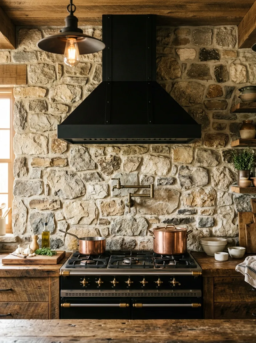 23 Rustic Farmhouse Kitchen Ideas That Use Quiet Design Rules to Create a Timeless Look 8 Natural fieldstone backsplash with irregular warm grey tones behind a farmhouse range with brass pot filler and reclaimed wood countertops.