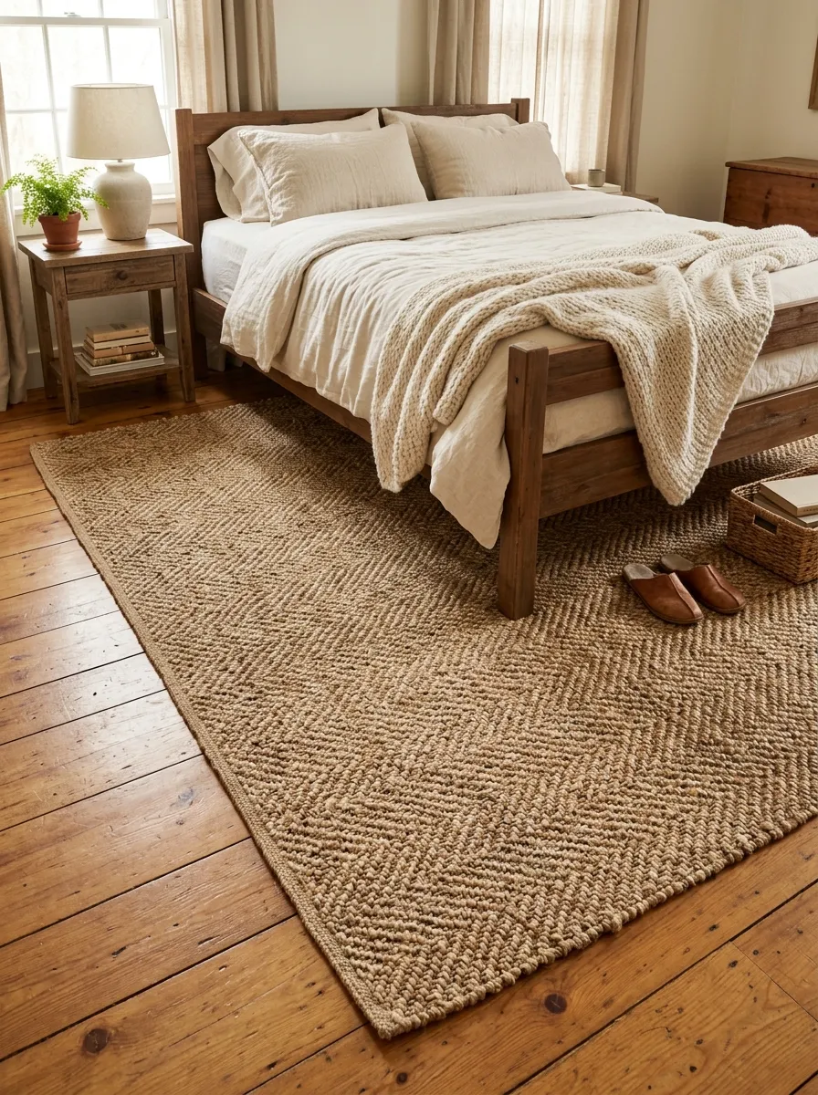 Large natural jute rug with herringbone weave extending beyond a queen farmhouse bedroom bed on honey hardwood floors