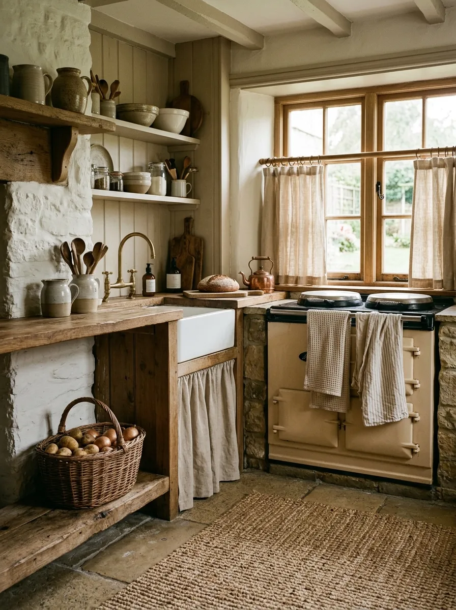 23 Rustic Farmhouse Kitchen Ideas That Use Quiet Design Rules to Create a Timeless Look 14 Natural jute rug, linen cafe curtains, and woven baskets adding softness and warmth to a rustic farmhouse kitchen.