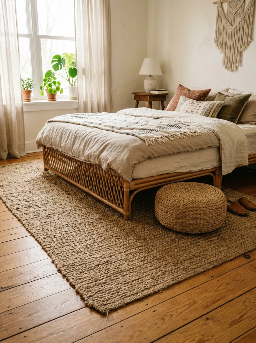23 Curated Boho Bedroom Ideas for a Cozy, Inviting, and Effortlessly Stylish Retreat 6 Large natural jute rug on warm wood floors under a rattan bed frame in a cozy Boho bedroom style