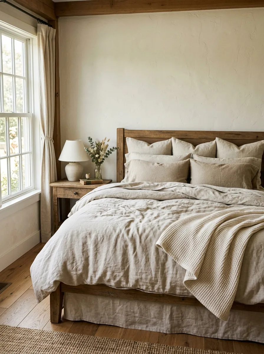 Naturally rumpled flax linen bedding with waffle cotton throw on a bright farmhouse bedroom bed in morning light