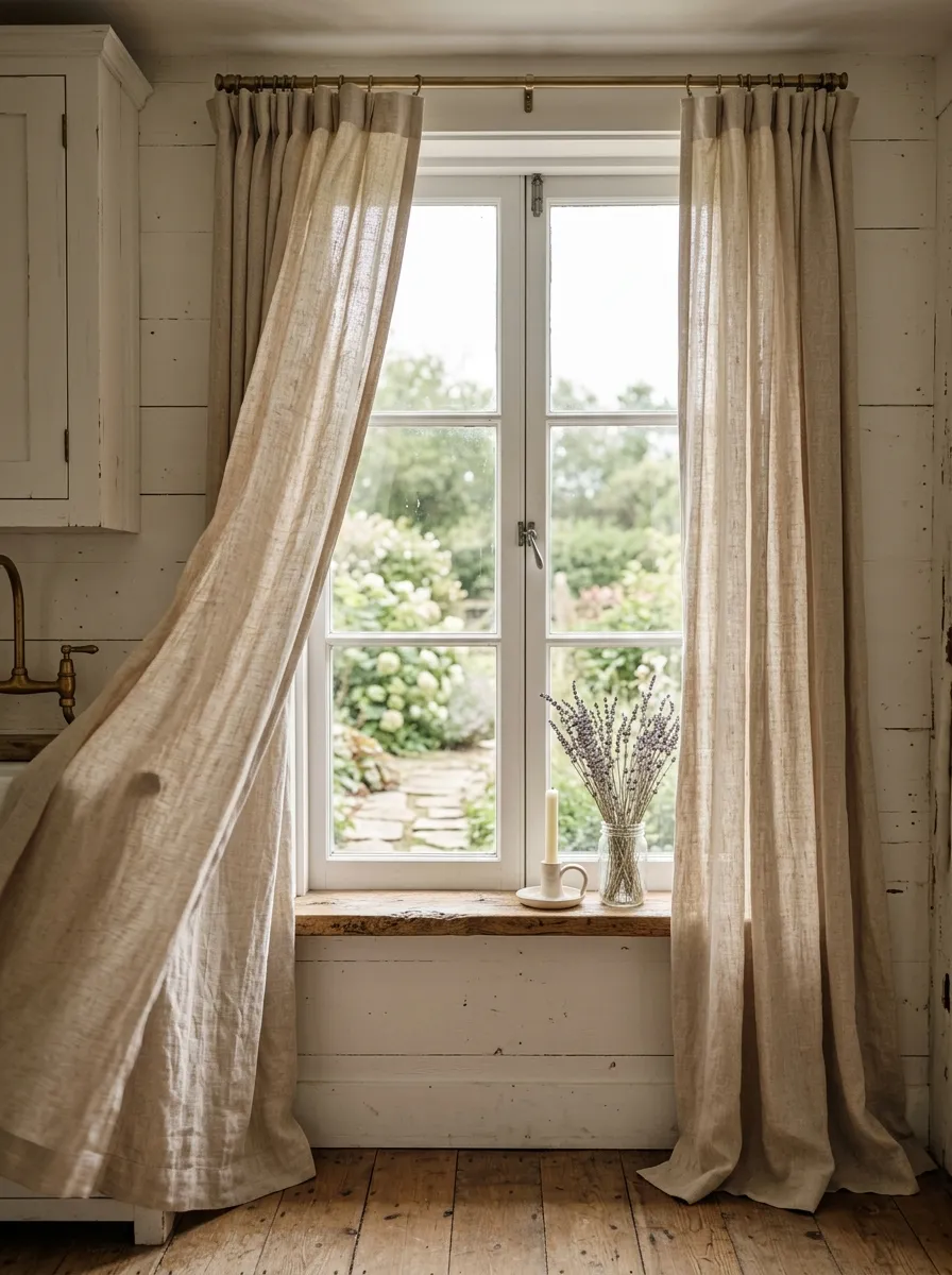 Natural oatmeal linen curtains on a farmhouse laundry room window with dried lavender and soft afternoon light filtering through