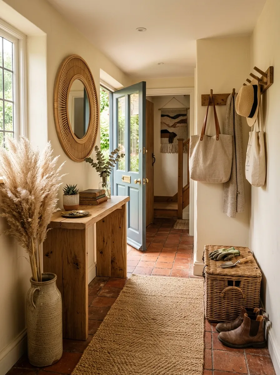 21 Earthy Cottage Decorating Ideas That Transform Your Home Into a Calm and Cozy Retreat 18 Raw oak console table, rattan mirror, and jute runner styling a warm and natural earthy cottage entryway