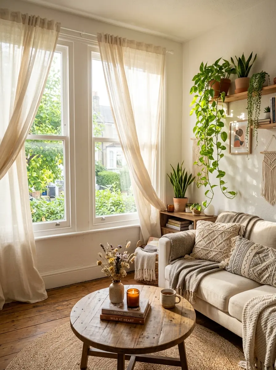 22 Boho Apartment Ideas That Turn Small Spaces Into Soulful, Cozy, and Stylish Sanctuaries 19 A small Boho apartment living room with sheer linen curtains, cream sofa, trailing plants, and warm morning light flooding through large windows.