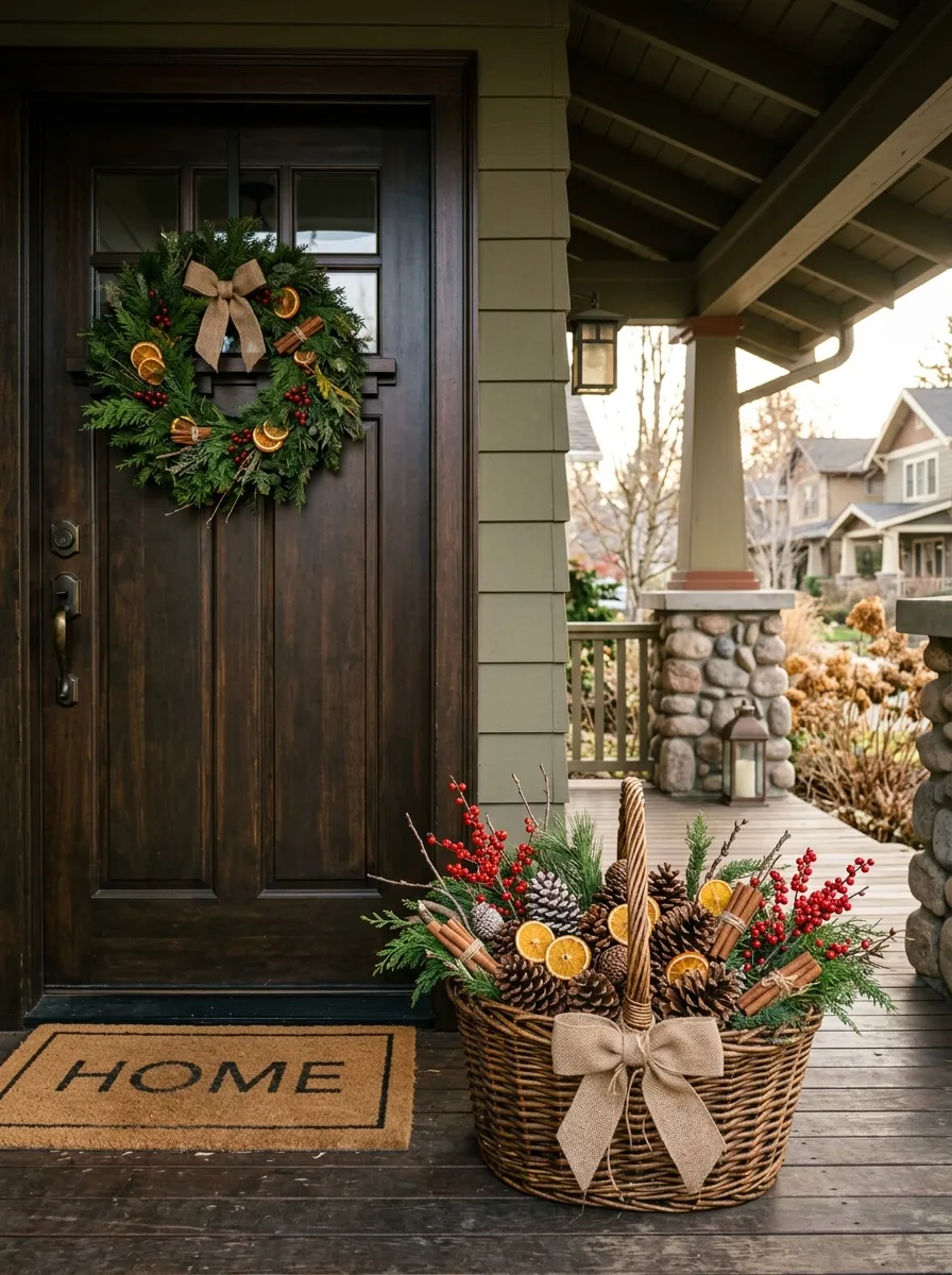 Woven basket with pinecones berries and cedar branches as front yard Christmas decor on a craftsman porch