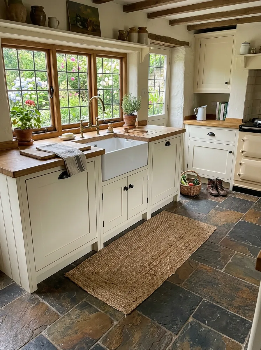 Natural slate floor tiles in charcoal and brown tones with cream cabinets and jute runner in a cottage style kitchen