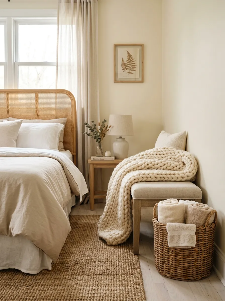 18 Inspiring Guest Bedroom Ideas That Create a Warm, Cozy, and Memorable Stay 3 Rattan headboard, jute rug, and chunky knit throw layered together for warm natural guest room decor