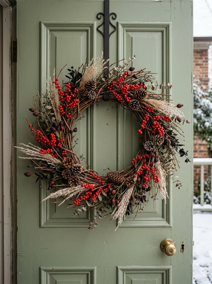19 Winter Porch Decorating Ideas That Instantly Boost Cozy Curb Appeal All Season Long 18 Large twig and winterberry wreath with rosehips and pinecones on a sage green door as beautiful seasonal porch decorating
