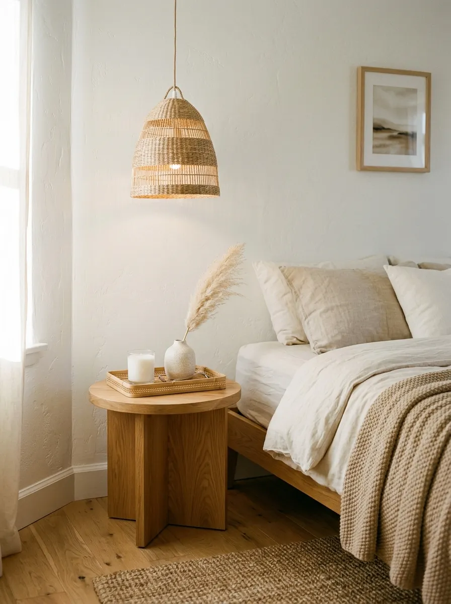 Oak side table and rattan lamp in a simple bedroom design with natural minimalist decor