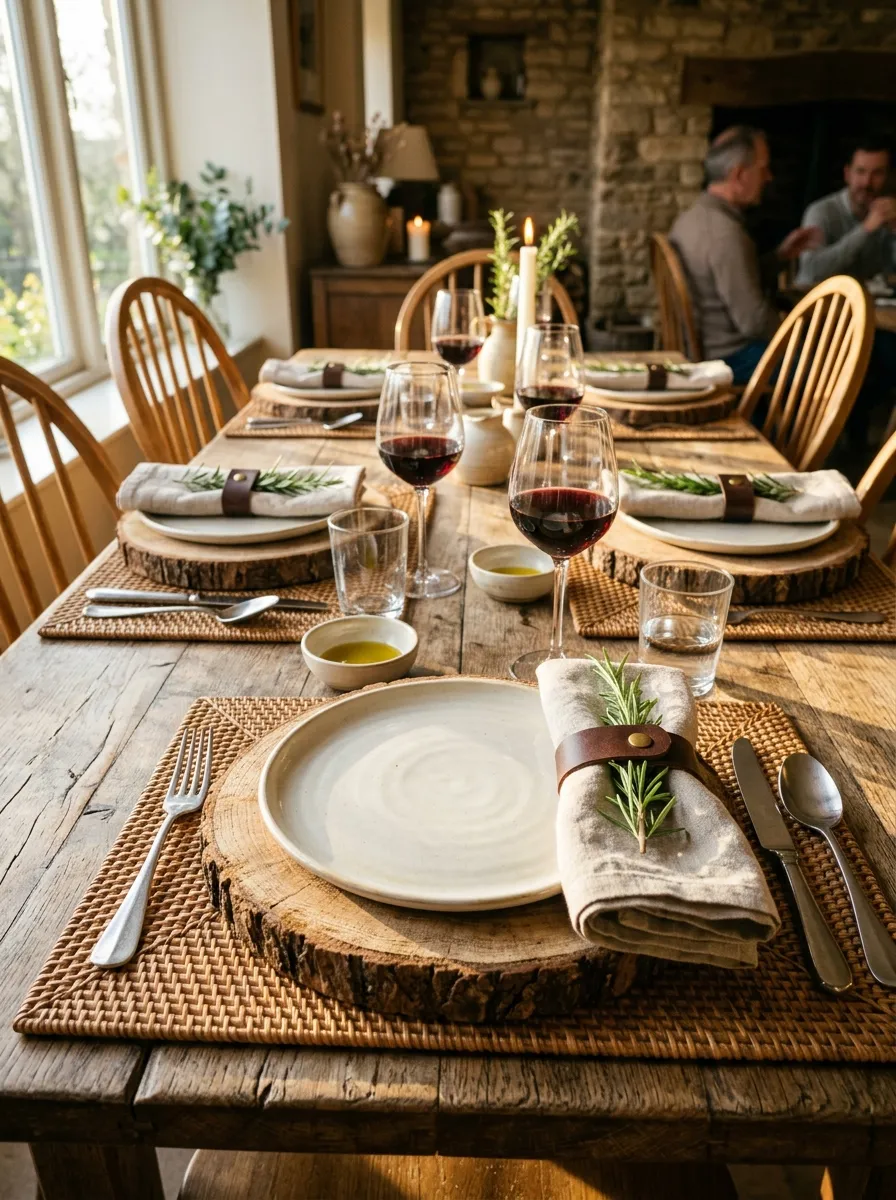Wooden slice chargers with white plates and rosemary napkin rings for a rustic natural tablescape idea