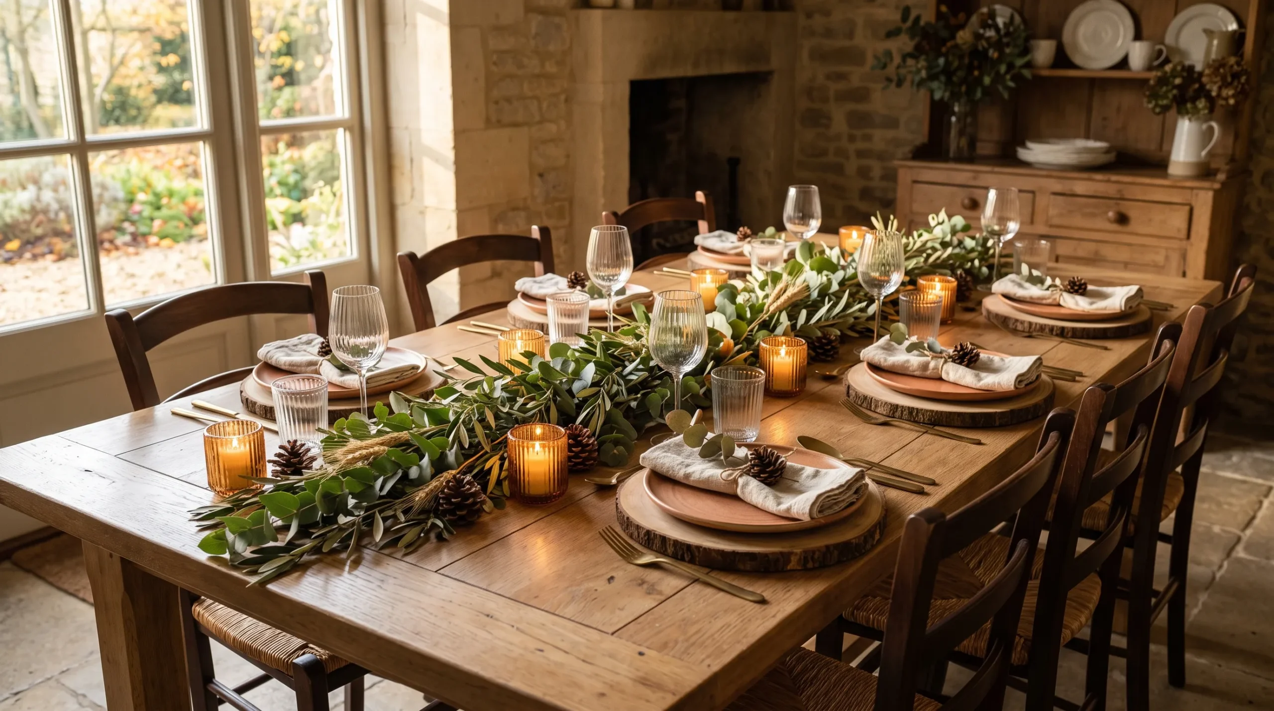 Long dining table styled with nature inspired table decor ideas using greenery runners, pinecones, candles and linen for a no flower look
