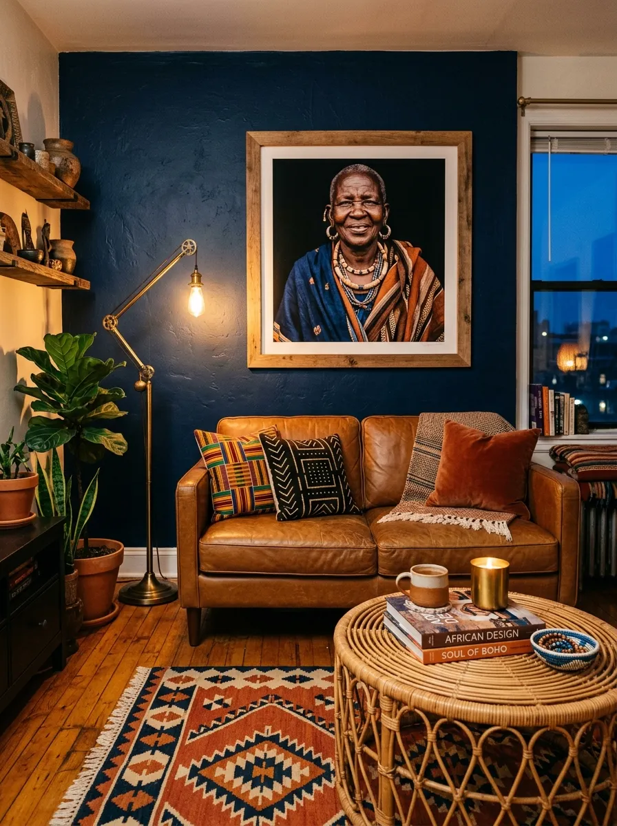 23 Afro Boho Living Room Ideas That Feel Warm, Authentic, Stylish, and Truly Lived In 19 Deep navy accent wall, caramel leather sofa, and terracotta rug in a dramatic and warm Afro Boho Living Room