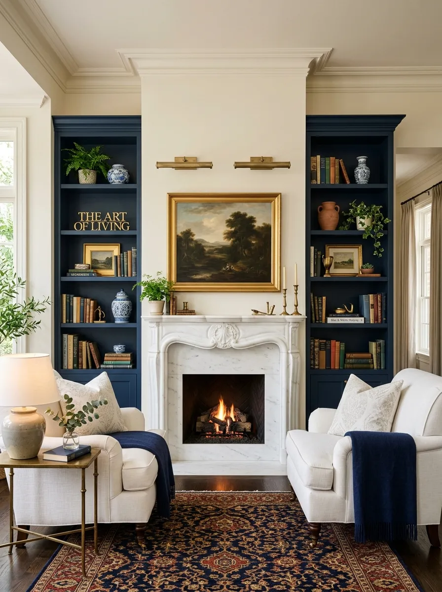 Navy blue painted built in shelving flanking a white marble fireplace with brass picture lights and styled books