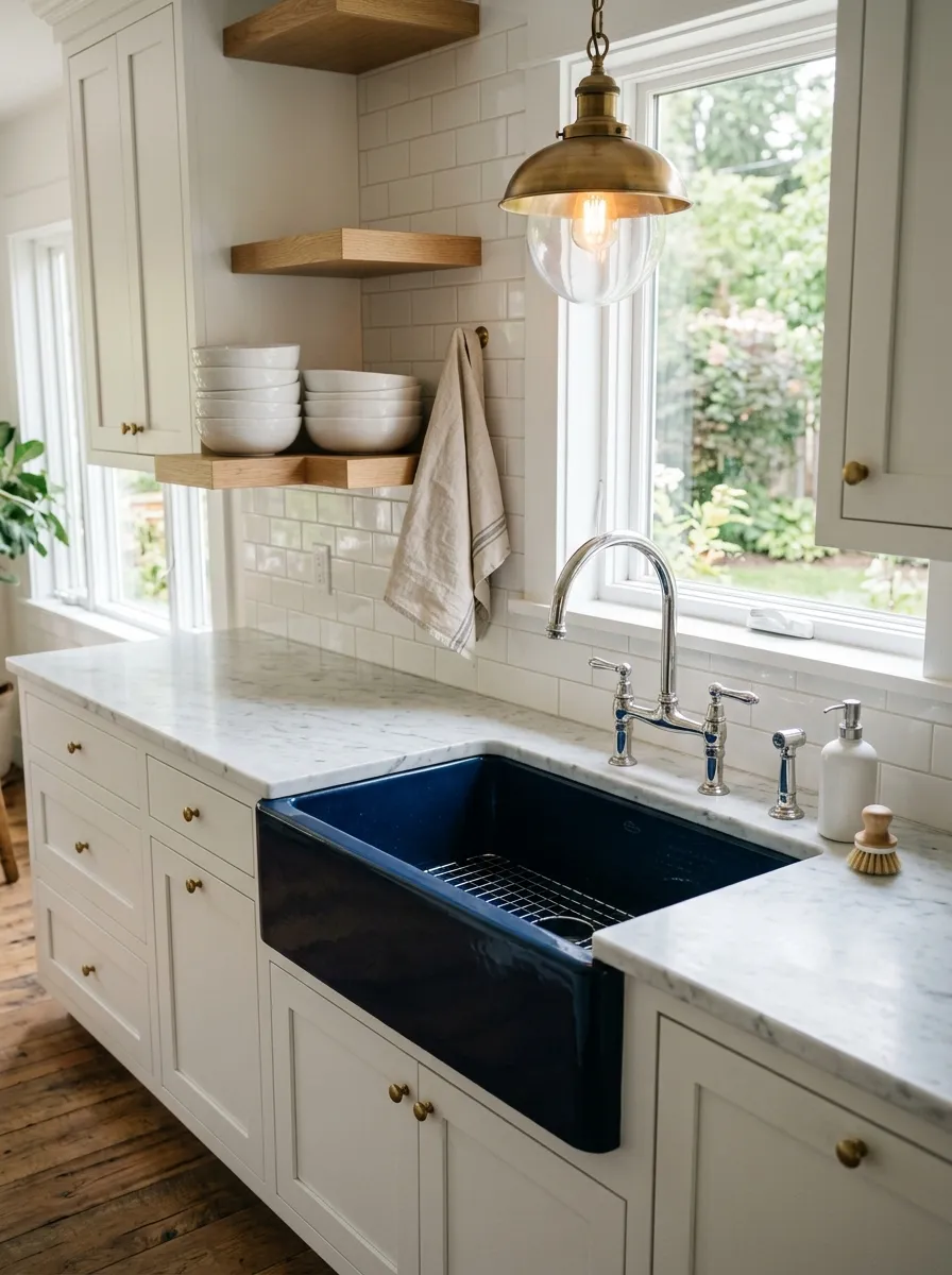 Deep navy apron front farmhouse sink with white marble countertops and polished chrome hardware in a bold modern kitchen