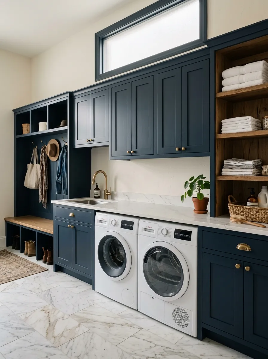Navy blue shaker cabinet mudroom laundry room with unlacquered brass hardware, white quartz countertop, and folded white towels on open shelves