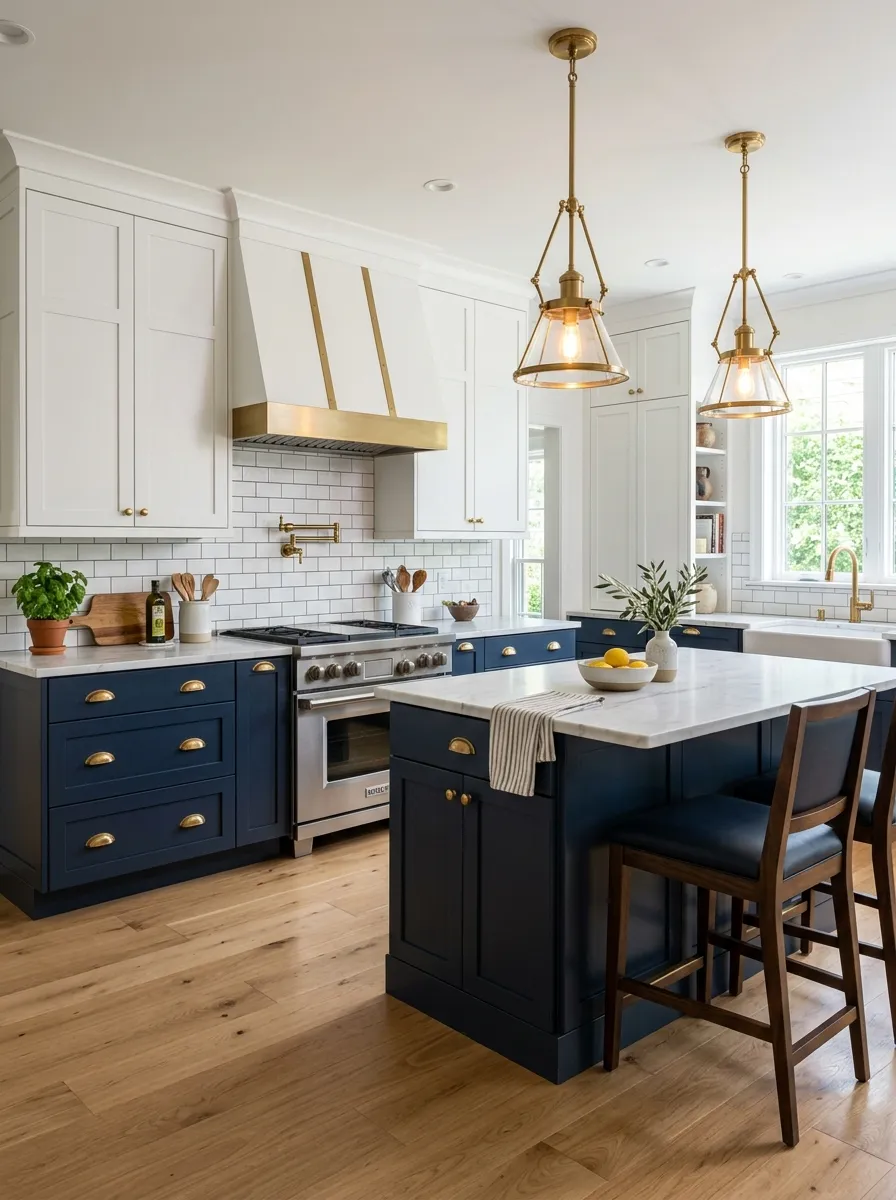 Navy blue lower cabinets paired with white upper cabinets and brass hardware in a bright modern two tone kitchen design