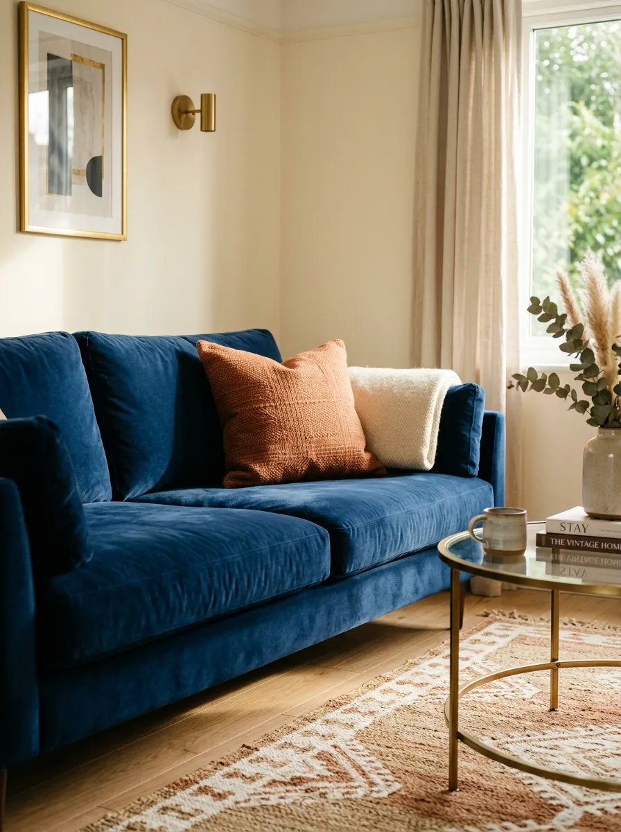 Navy blue velvet sofa with cream walls, brass accents, and burnt orange throw pillow in a cozy living room