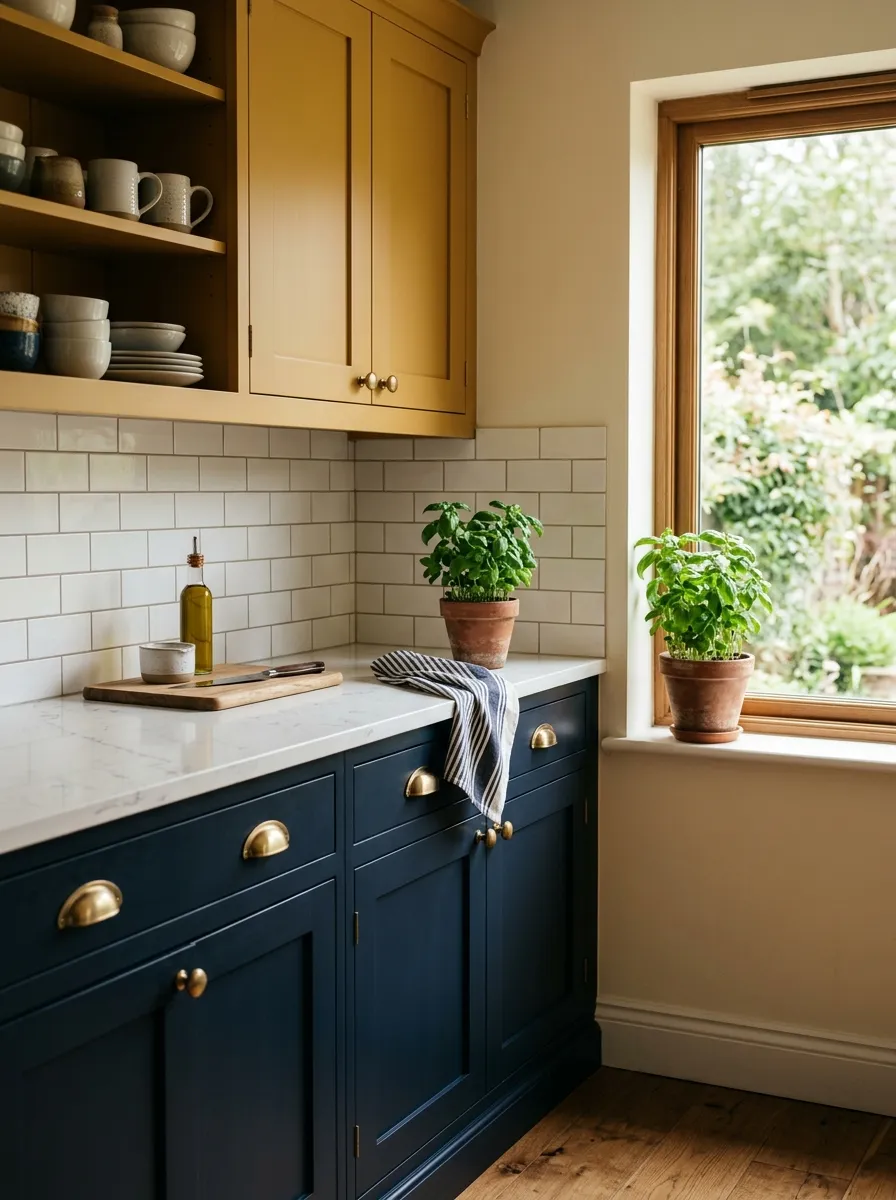Kitchen with deep navy lower cabinets and mustard upper cabinets paired with white quartz countertops and brass fixtures
