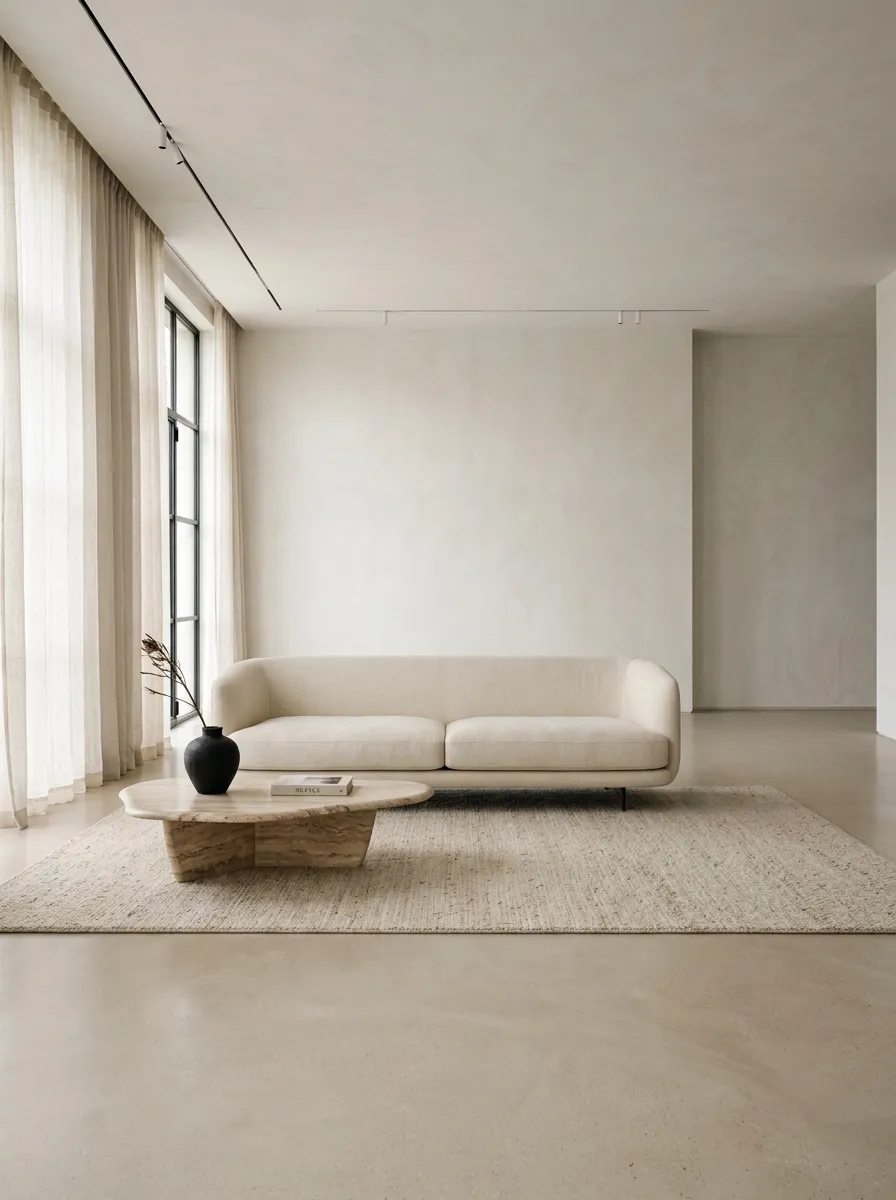 25 Luxury Living Room Ideas That Reveal the Design Details Most People Completely Overlook 8 Generous empty space surrounding a single cream sofa in a minimalist elegant living room interior
