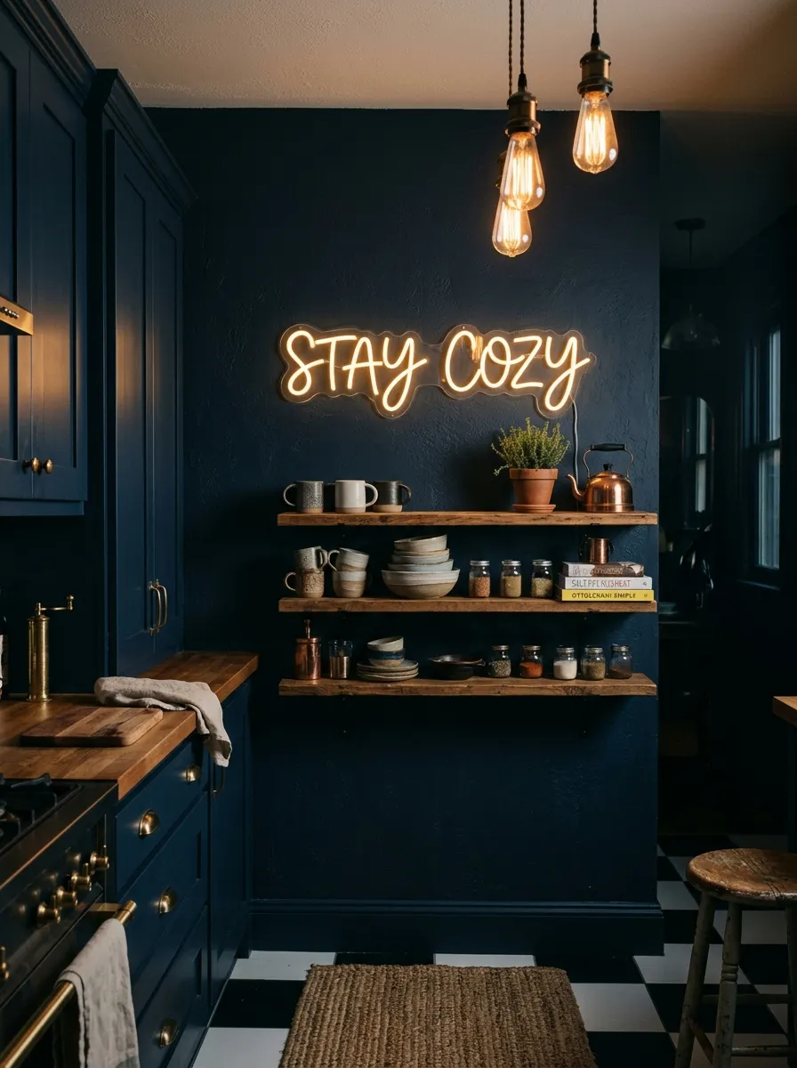 Glowing neon sign above open shelves in a navy retro kitchen with Edison bulb pendants and checkered floor