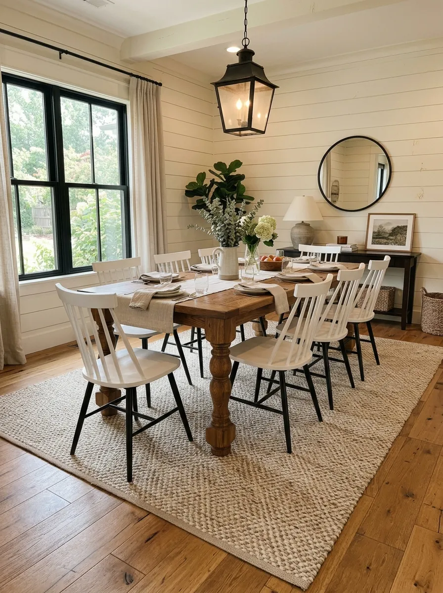 Modern farmhouse dining room with neutral diamond weave rug under oak table with turned legs, white chairs, and warm cream shiplap walls