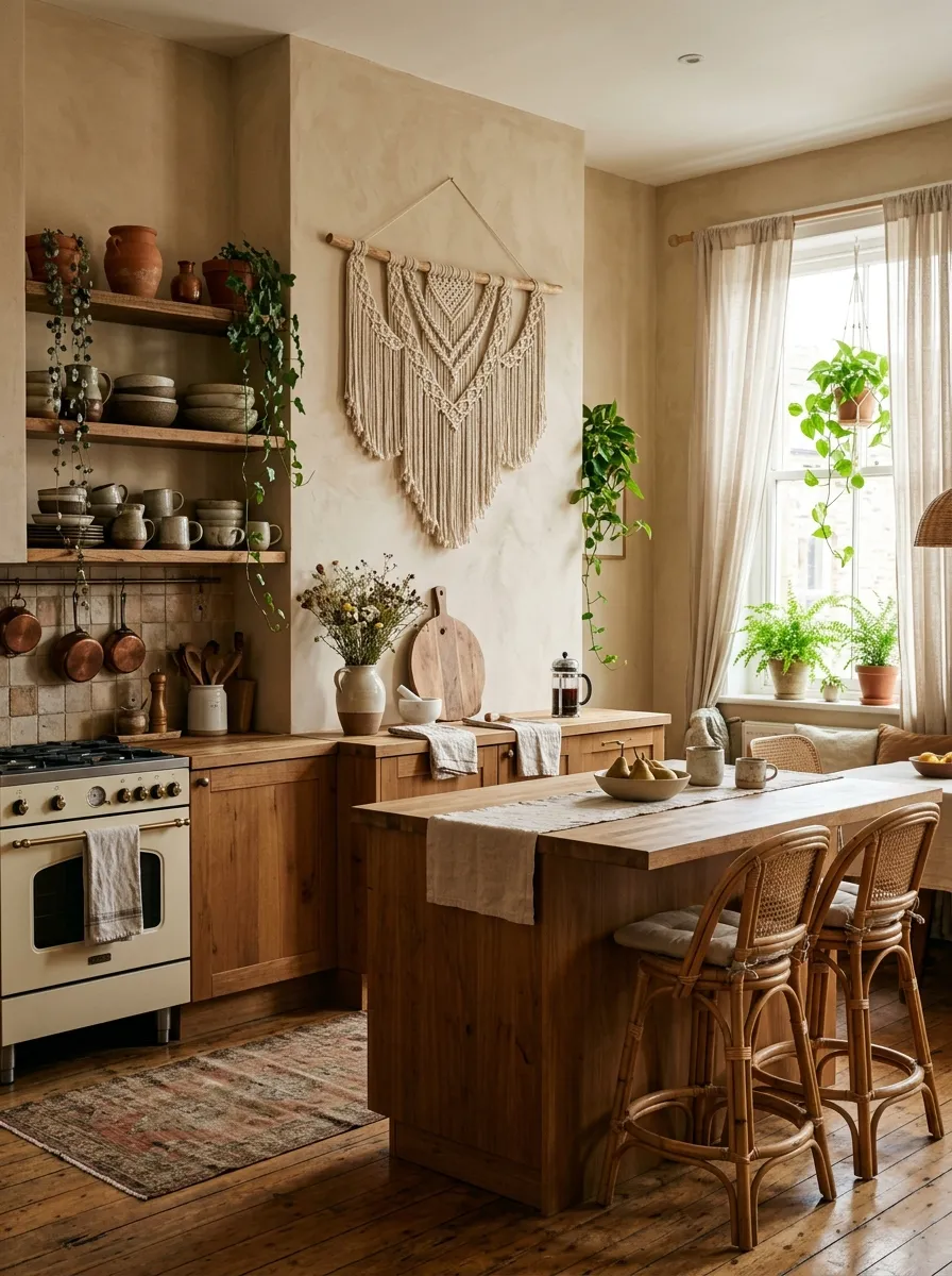 19 Boho Kitchen Ideas That Create a Warm, Collected Space Full of Travel Inspired Character 1 Neutral Boho kitchen with macramé wall art, woven ceramics, rattan stools, and warm layered textures