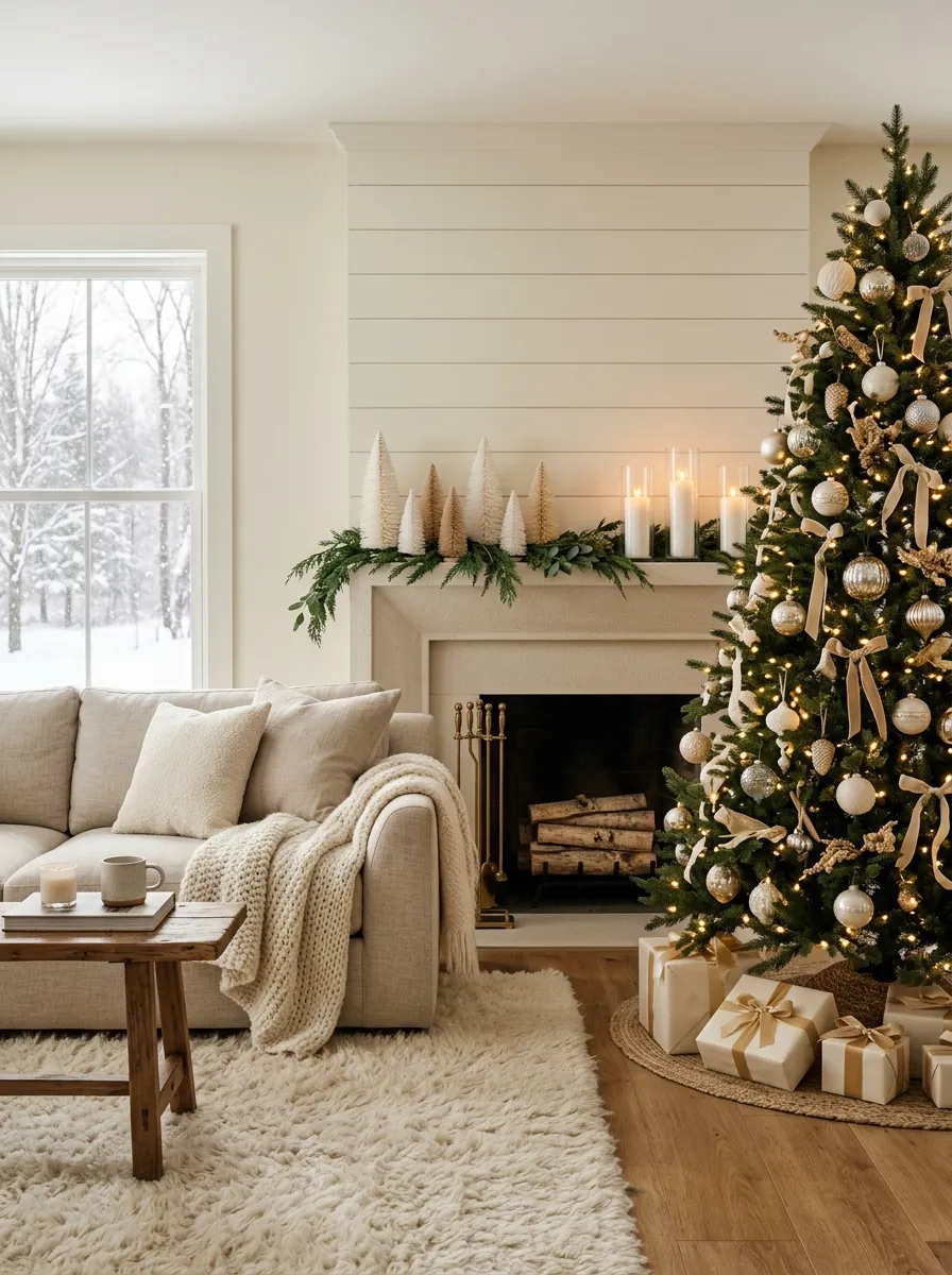 A sophisticated neutral Christmas living room with ivory tree, cream ornaments, and bottle brush mantle decor representing Christmas Living Room Decor Ideas