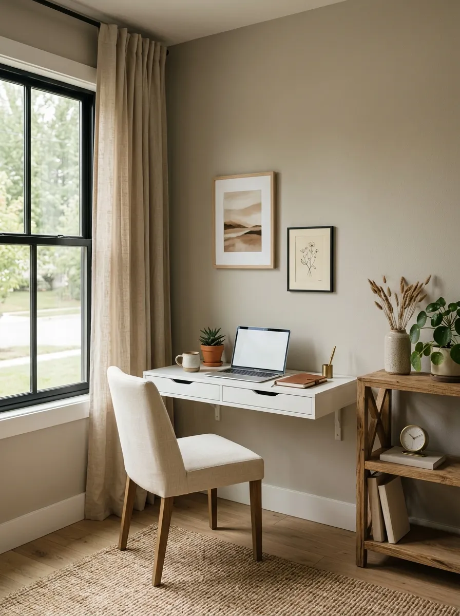 Calm home office design with warm greige walls, white floating desk, linen curtains, woven rug, and gallery wall in soft natural afternoon light