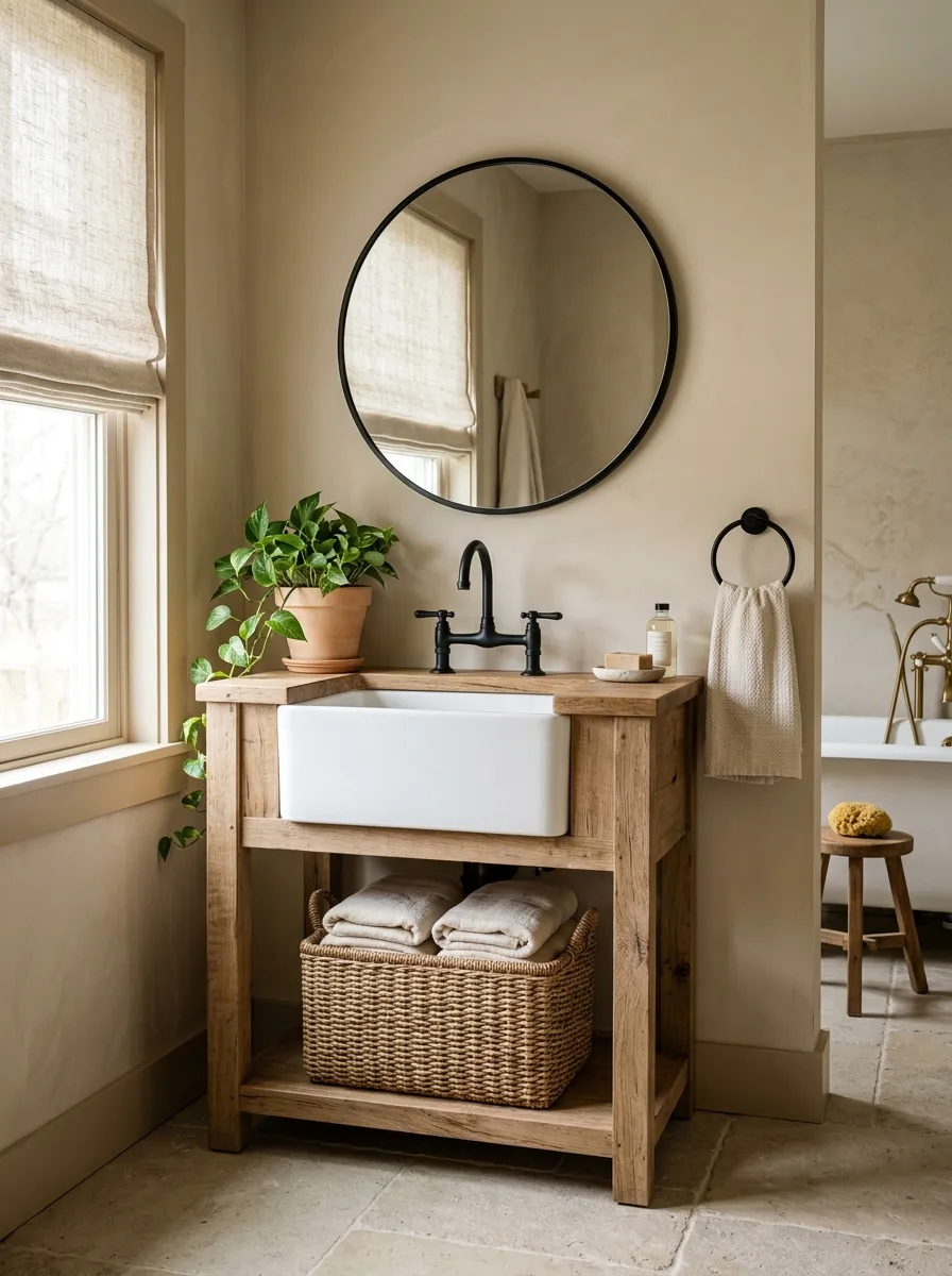 Tone on tone neutral farmhouse bathroom with beige walls, raw wood vanity, linen towels, and woven basket in soft natural light