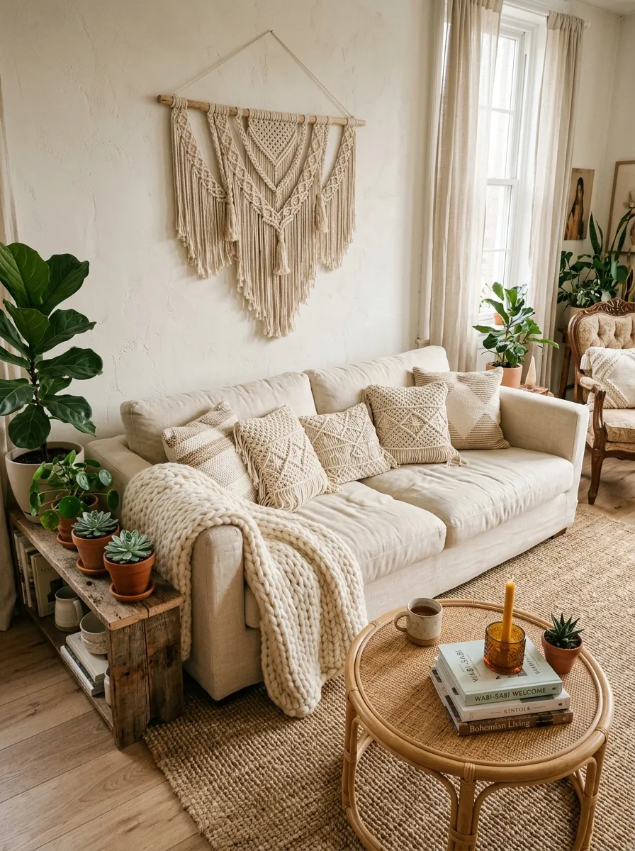 Cozy Boho living room with neutral layered textures, macramé wall hanging, jute rug, and cream linen sofa in warm natural light