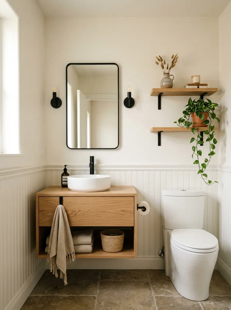 16 Half Bathroom Ideas That Maximize Style, Function, and Impact in a Small Space 10 Neutral half bathroom with beadboard paneling, natural wood floating vanity, black framed mirror, and ceramic shelf decor