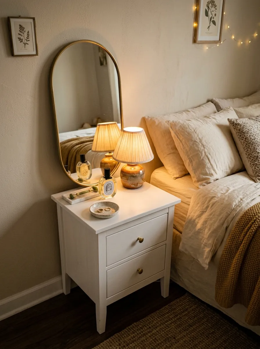 19 Small Bedroom Vanity Ideas to Create an Instagram Worthy Beauty Space With Style 7 Small bedroom nightstand styled as a vanity combo with oval mirror and skincare essentials on the surface