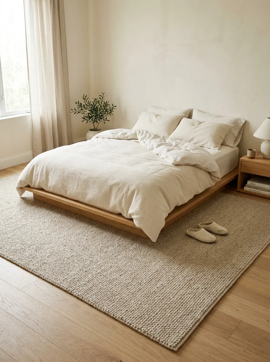 Large oatmeal wool rug centered under a low platform bed in a warm minimalist bedroom decor setting