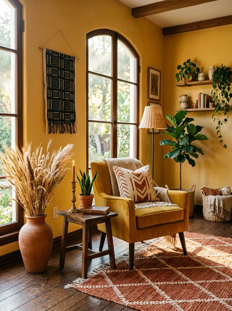23 Afro Boho Living Room Ideas That Feel Warm, Authentic, Stylish, and Truly Lived In 21 Ochre yellow walls, mustard velvet accent chair, and terracotta rug in a glowing warm Afro Boho Living Room