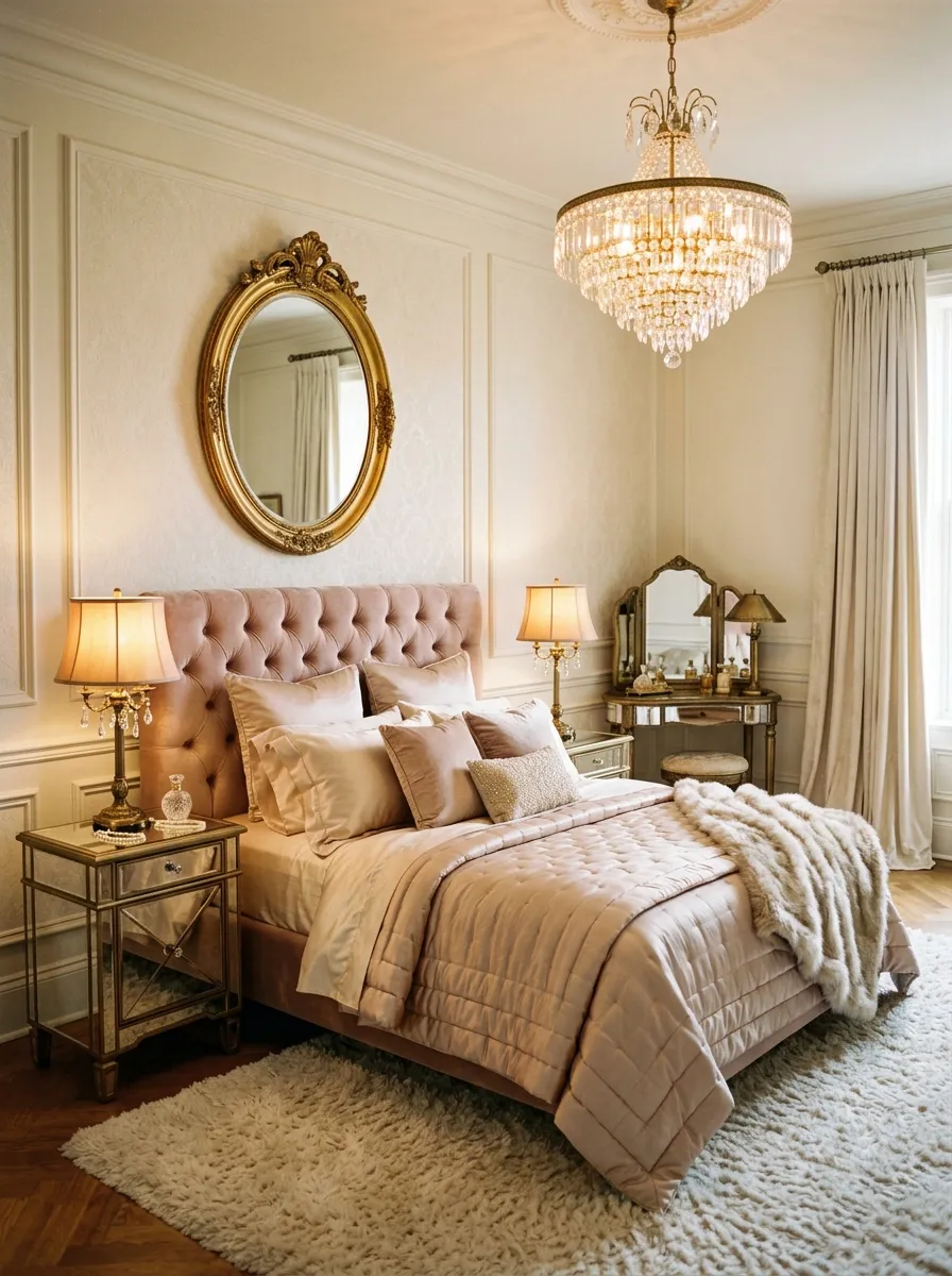Old Hollywood glamour boutique bedroom with blush velvet headboard, mirrored nightstands, and crystal chandelier for a cinematic romantic look