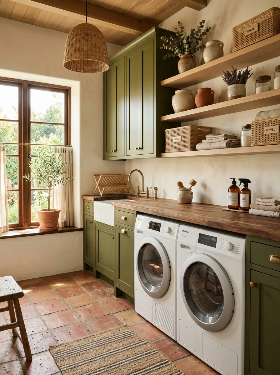18 Green Laundry Room Ideas That Prove This Color Is More Than Just a Passing Design Trend 4 Olive green shaker cabinet laundry room with terracotta tile floor, butcher block countertop, rattan pendant light, and ceramic vessel styling