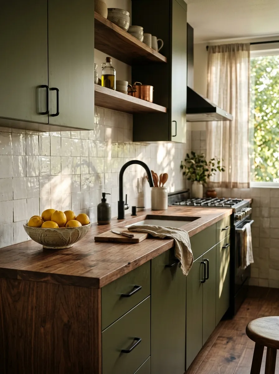 Deep olive green flat front cabinets with walnut countertops, white zellige tile, and matte black hardware in a warm earthy kitchen