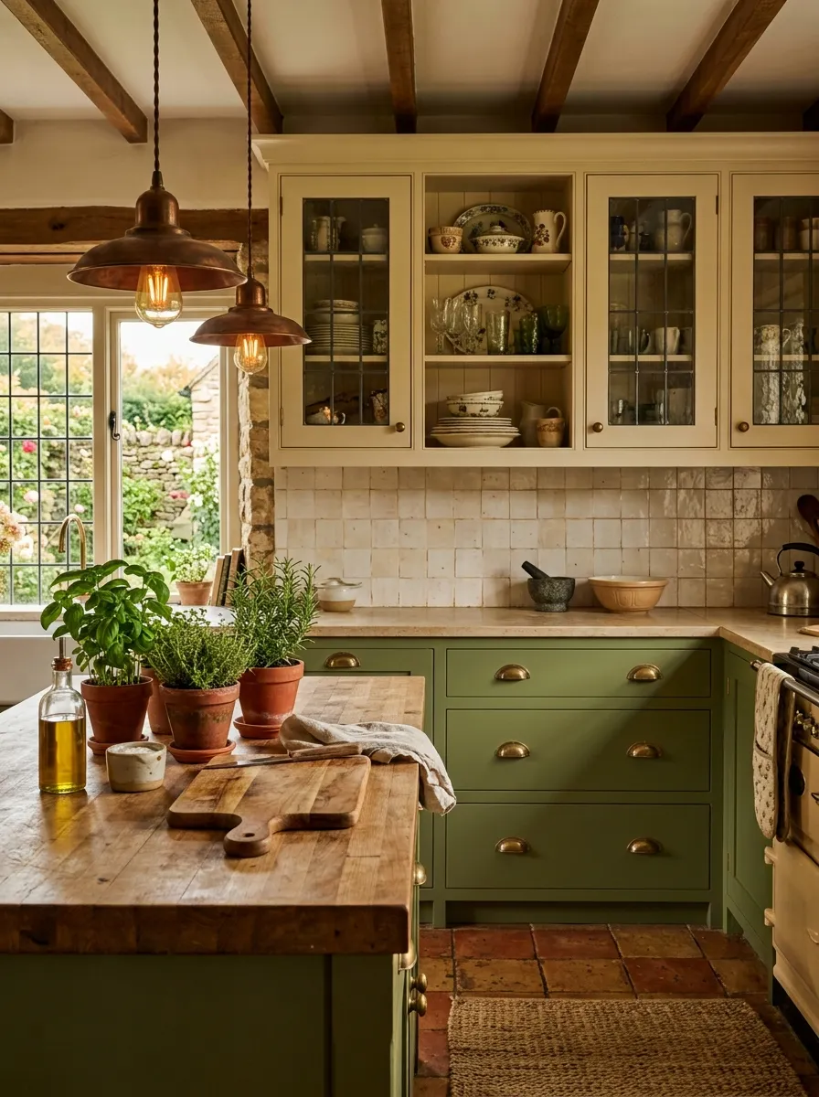 Olive green lower cabinets with warm cream upper cabinets and aged brass hardware in a cozy cottage two color kitchen cabinet idea