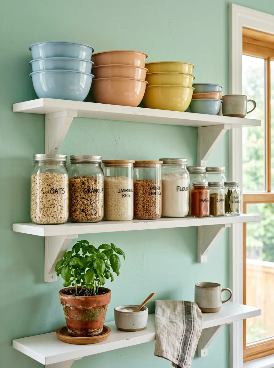White open shelves with pastel enamel bowls, glass jars, and a small potted herb in a vintage inspired kitchen