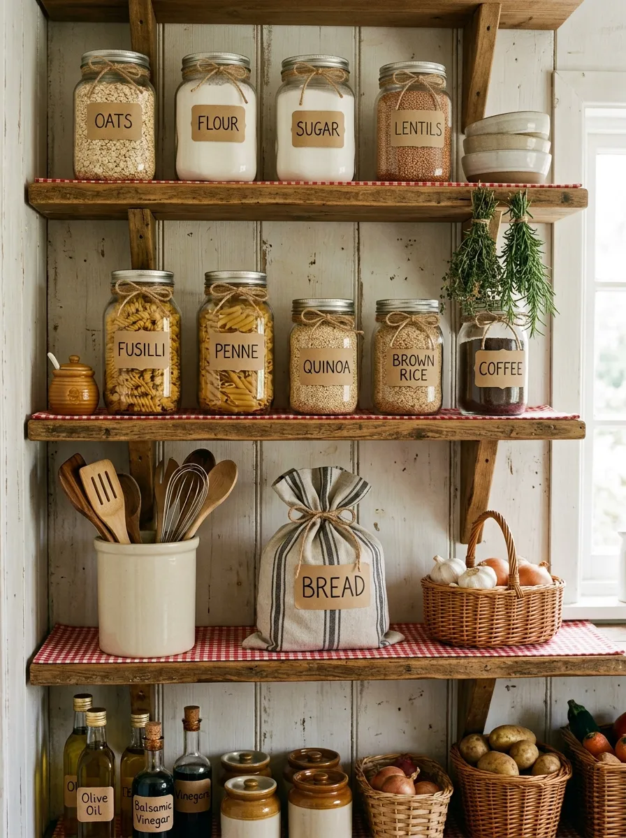 17 Farmhouse Cottage Kitchen Ideas to Master the New Timeless and Cozy Design Aesthetic 15 Glass jars with handwritten labels and woven baskets on open pantry shelves in farmhouse kitchen décor