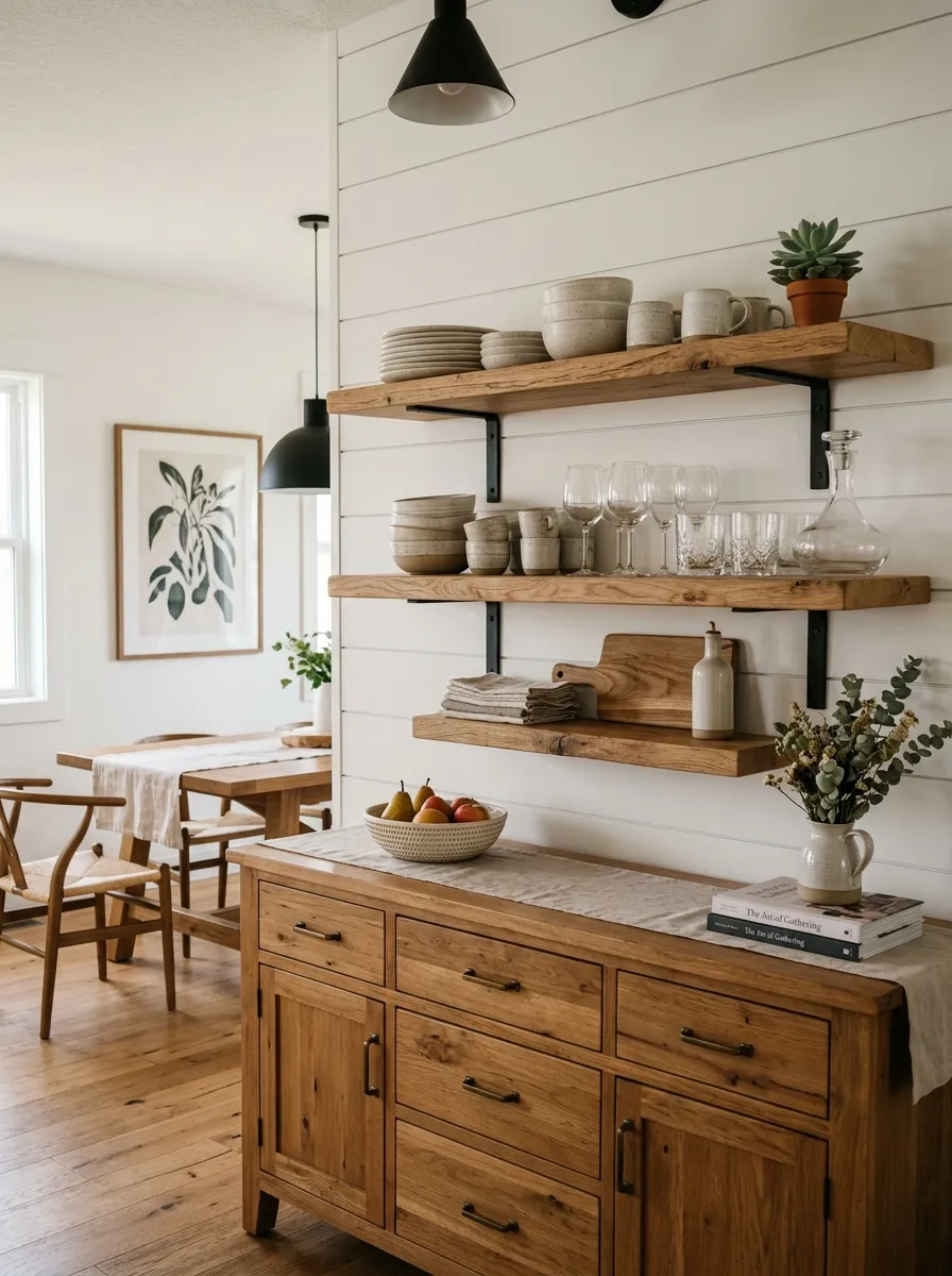 Modern farmhouse dining room with open oak floating shelves on black iron brackets displaying ceramics, plant, and vintage glassware